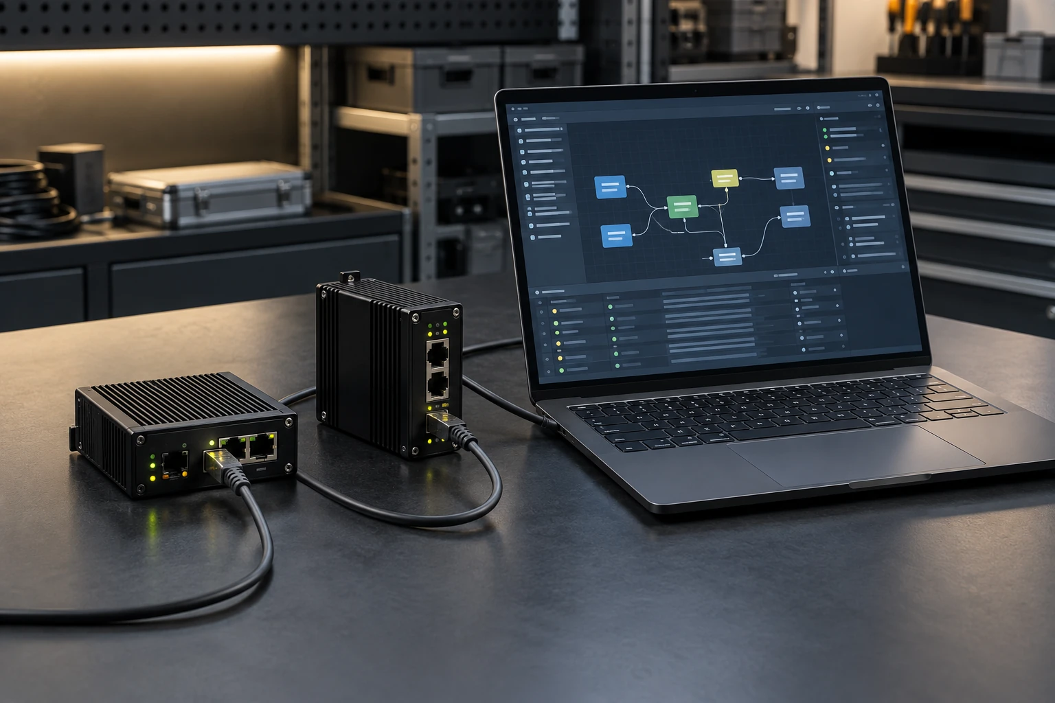 Scène illustrative : intégration de services et d’appareils connectés sur un banc technique.