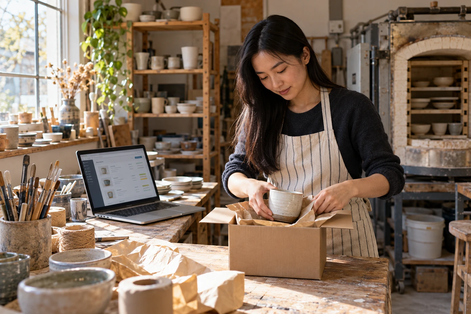 Scène illustrative : préparation d’une commande de céramique avec une boutique numérique.