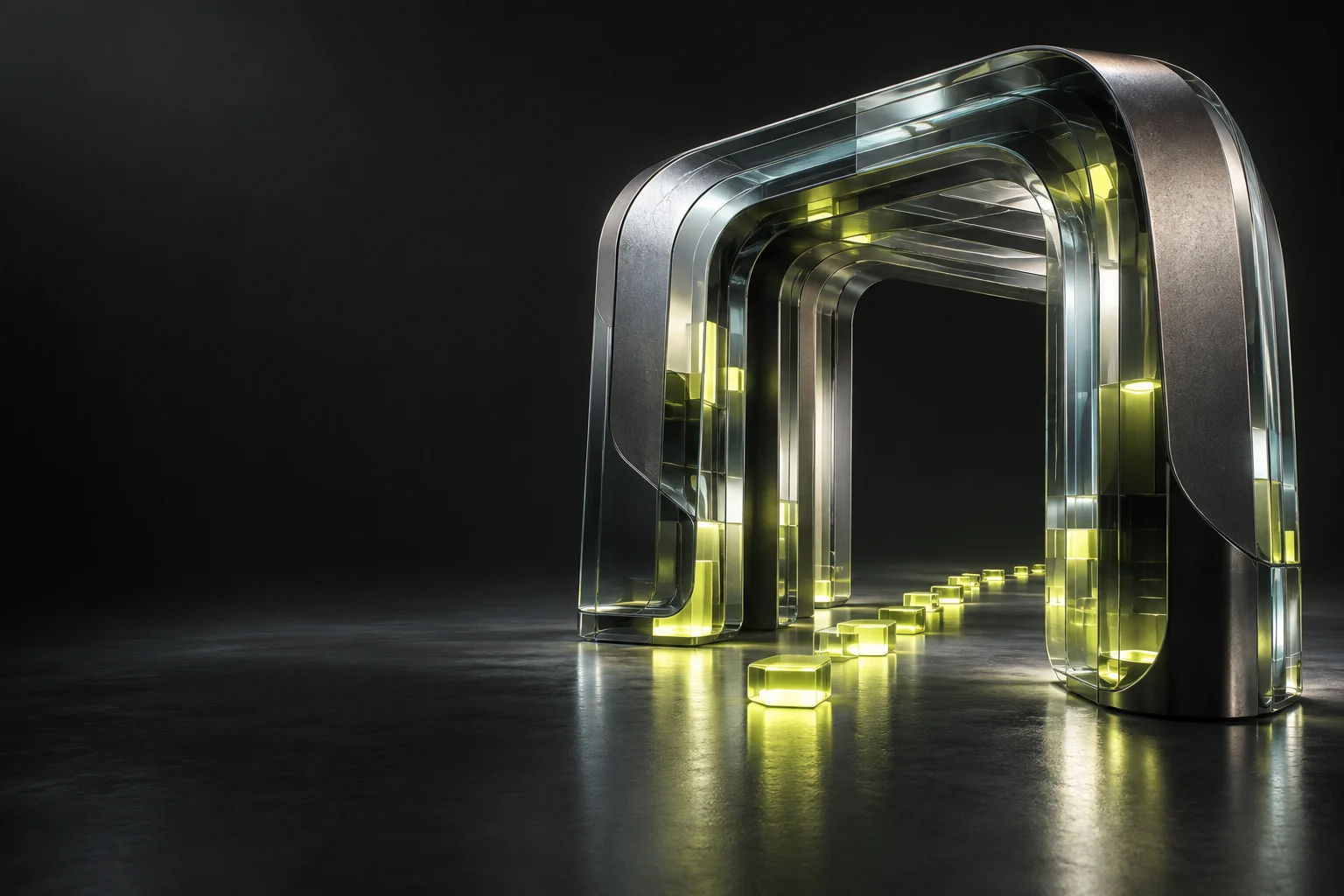 Structure de verre et de métal traversée par des modules lumineux